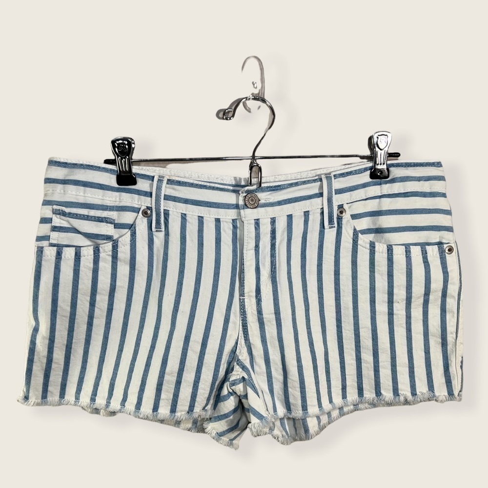 COPY - Levi's White and Blue Striped Denim Shorts with Raw Hem Size 9